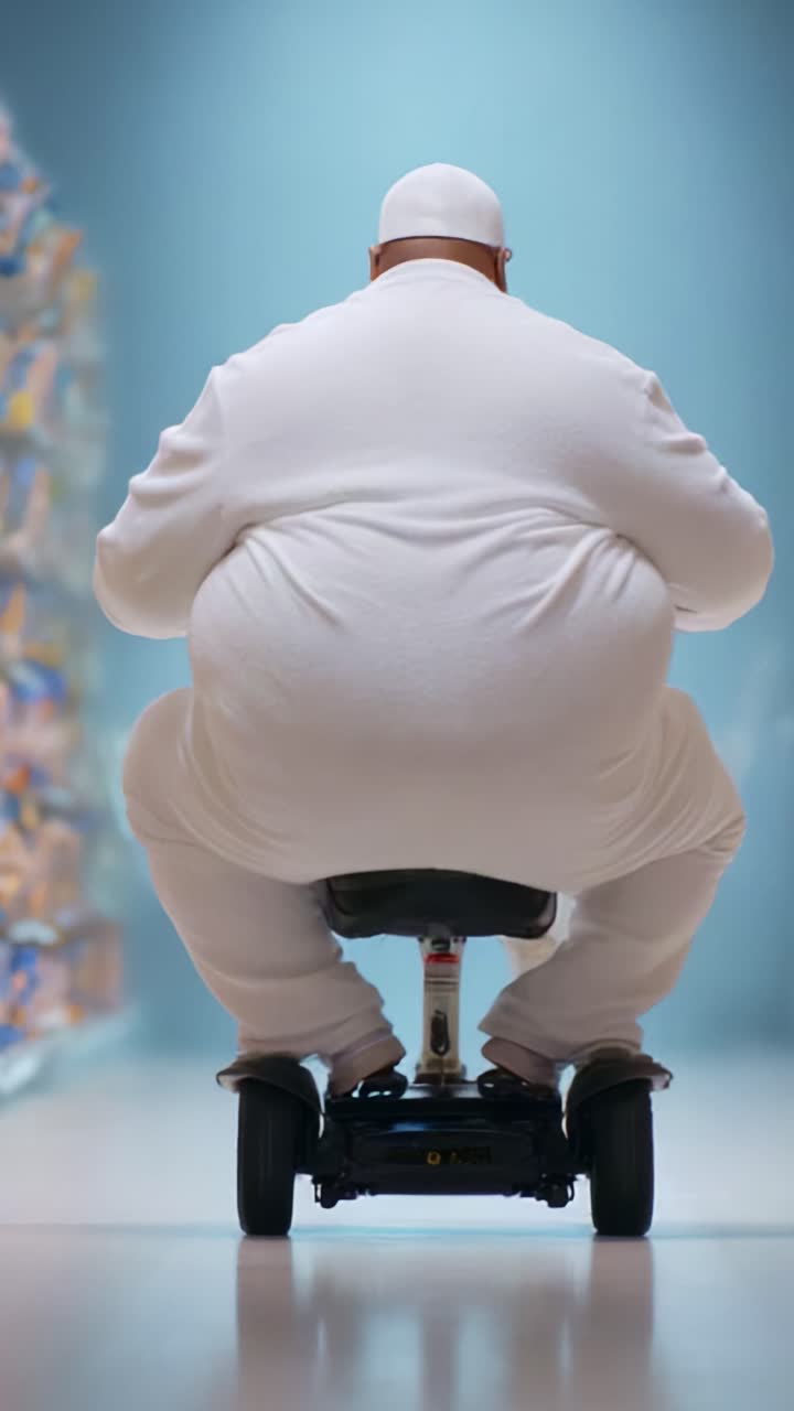 Una rappresentazione umoristica di una persona in abito bianco alla guida di uno scooter, che mette in evidenza i temi della mobilità, del comfort e della gioia del movimento in un ambiente vivace e giocoso
