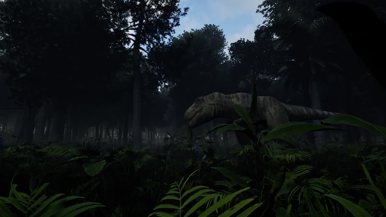 dinosaurio tiranosaurio rex (t-rex) caminando y pasando por dentro de un oscuro bosque del mundo jurásico animación 3d cámara estática vista lateral