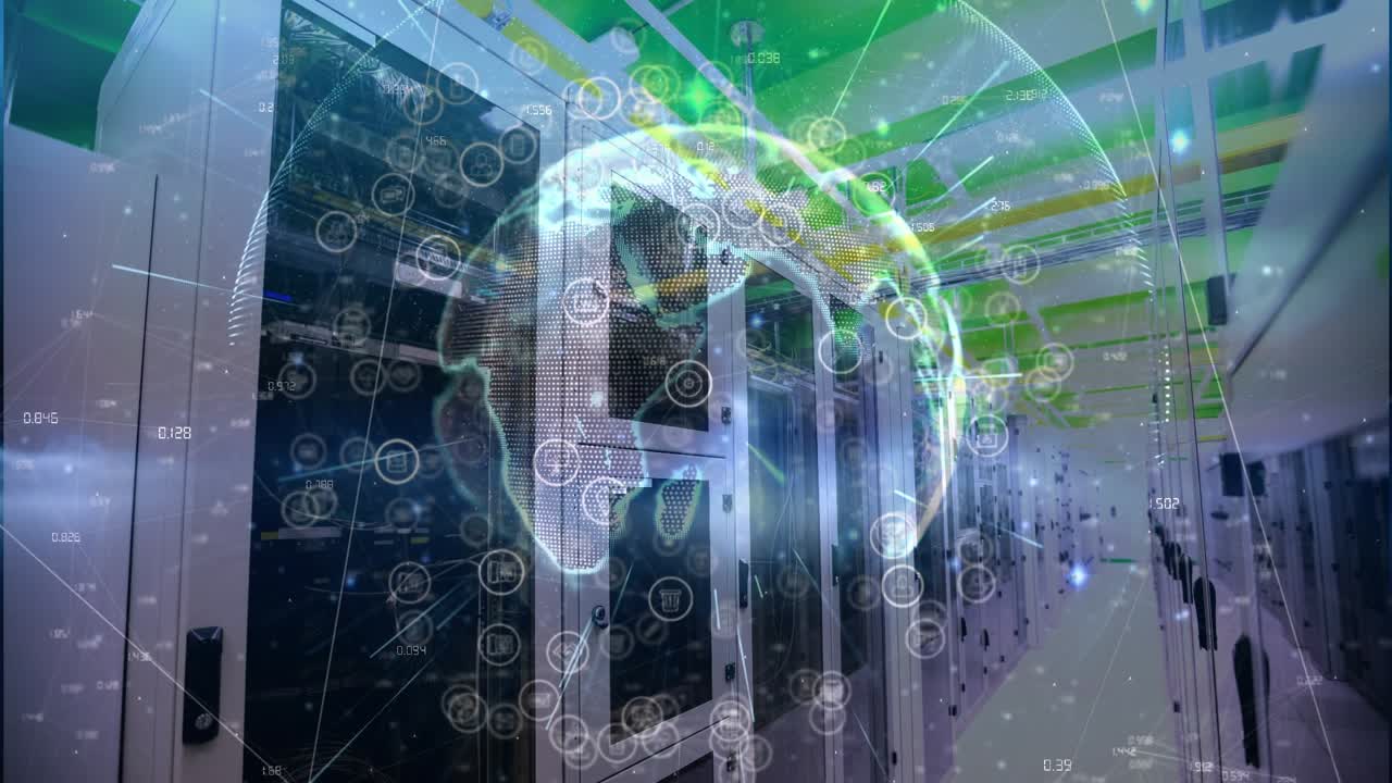 Animation of globe with network of connections over servers