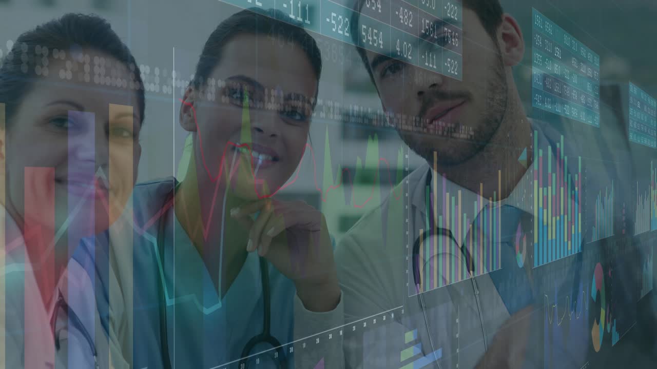 Physician pointing at workstation causing holographic charts animating for clinical data analysis