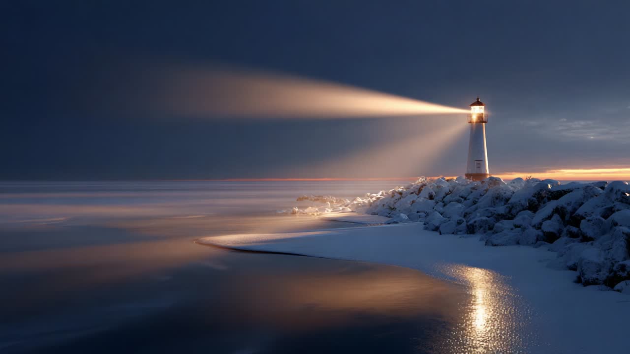 A Majestic Lighthouse Standing Tall Against a Serene Winter Seascape, Shining Its Guiding Beam Across the Frozen Waters, Embodying the Timeless Beauty and Tranquility of Coastal Landscapes