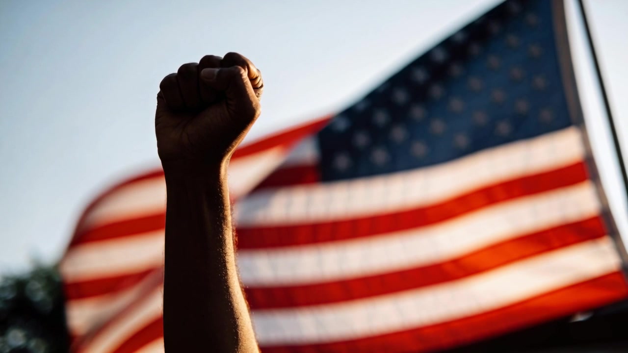 Avambraccio alzato e pugno chiuso tenuti fermi in un parco pubblico, con il vento che sventola la bandiera americana.