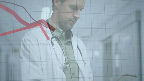 In hospital, doctor analyzing declining red graph animation on digital screen