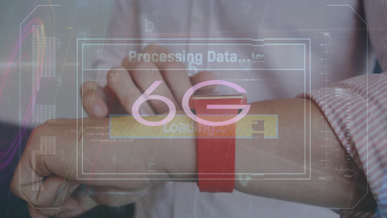 animación de procesamiento de datos y texto 6g sobre empresario caucásico usando reloj inteligente.