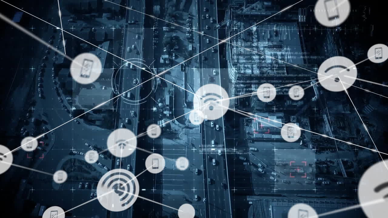 Network of connections and data processing animation over urban landscape