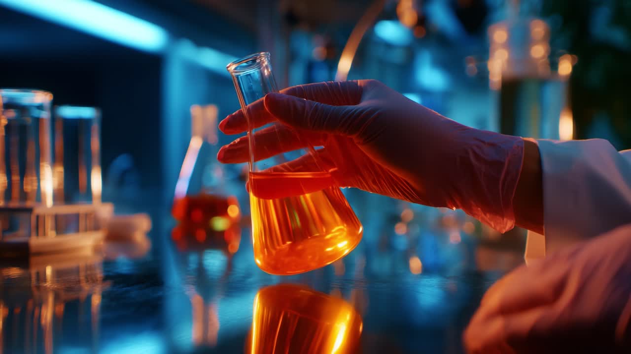 A Focused Scientific Experiment: A Researcher's Hand in a Laboratory Holding a Flask Filled with Vibrant Orange Liquid, Surrounded by Lab Equipment and Illuminated by Soft Blue Lighting, Showcasing the Process of Discovery