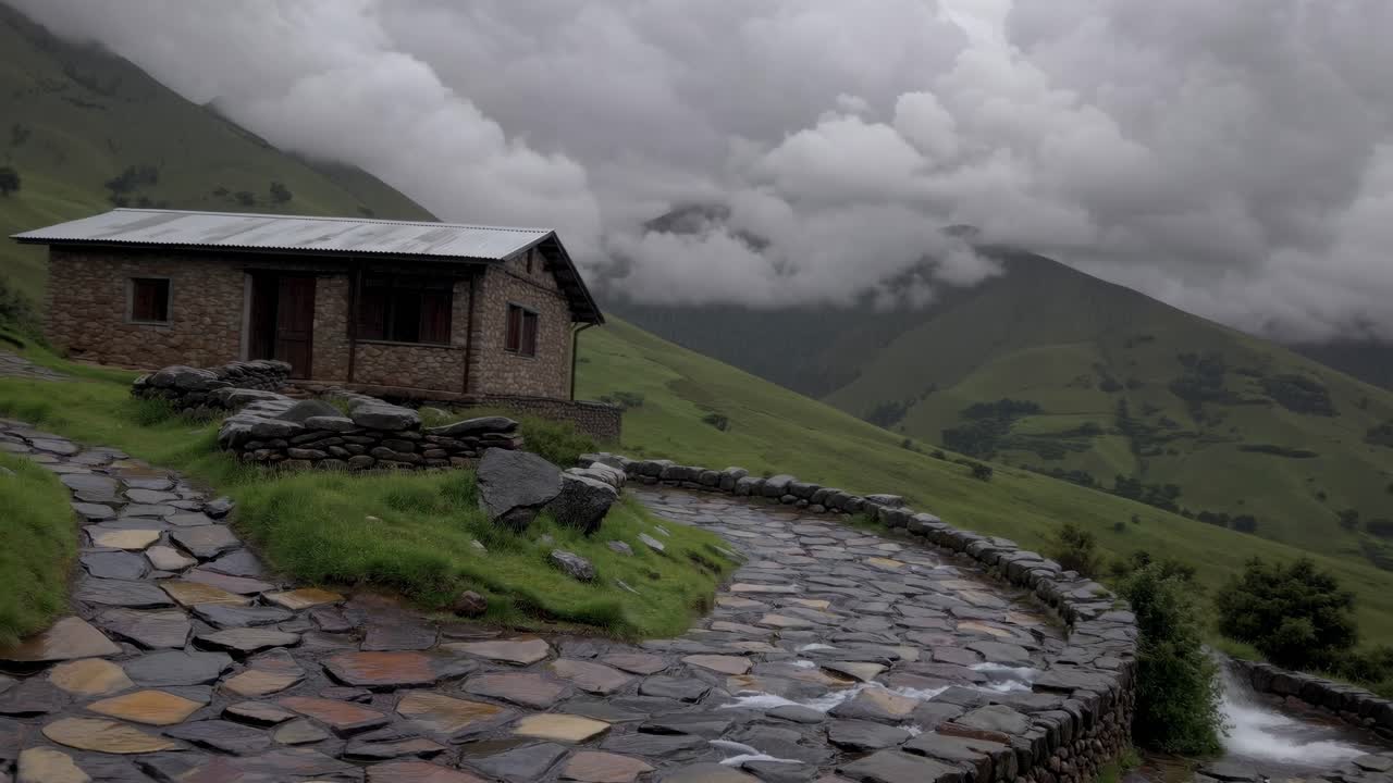 Winding stone path leading through lush green mountains, inviting visitors to a serene refuge under a dramatic, cloudy sky, creating a tranquil and picturesque atmosphere
