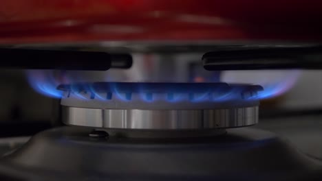 close up of gas burner with blue flame