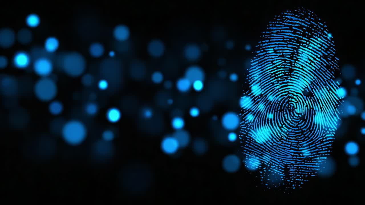 An Intricate Blue Fingerprint Revealing Unique Identity in a Digital Space with Abstract Bokeh Background Lighting Enhancing the Visual Effect