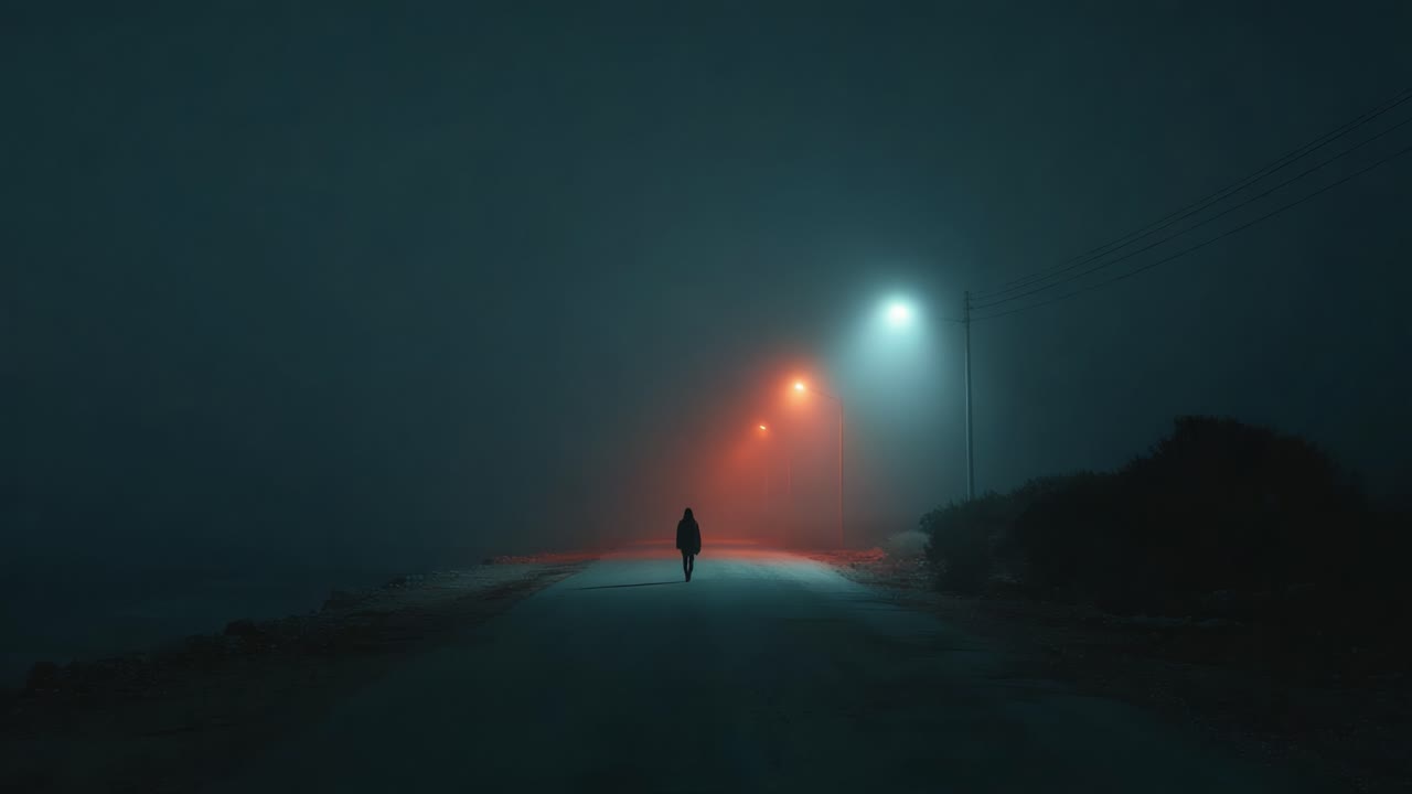 A solitary figure walks down a dark, foggy road illuminated by distant streetlights, creating a mysterious atmosphere in the quiet of the night