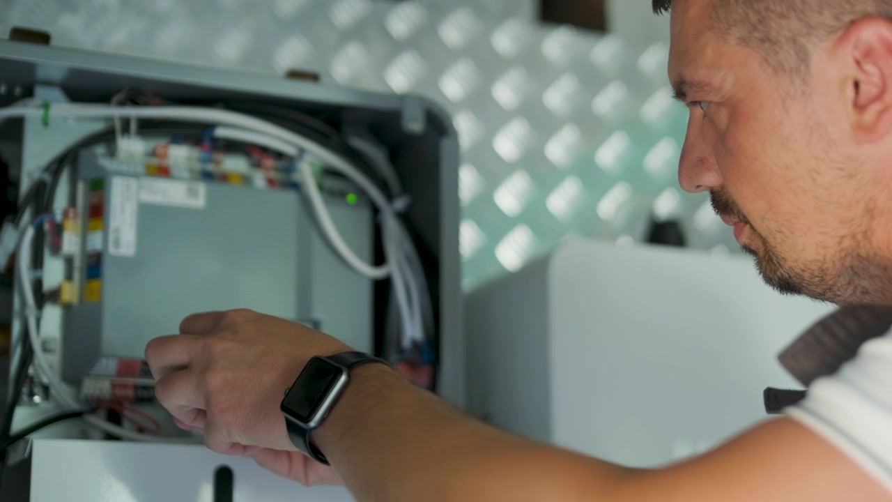 Technician Wiring Electrical Components in Heat Pump Control Panel