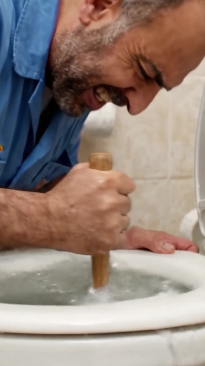 Un idraulico esperto stura con decisione un WC intasato usando uno sturalavandini, dimostrando tecnica e precisione in un ambiente domestico.