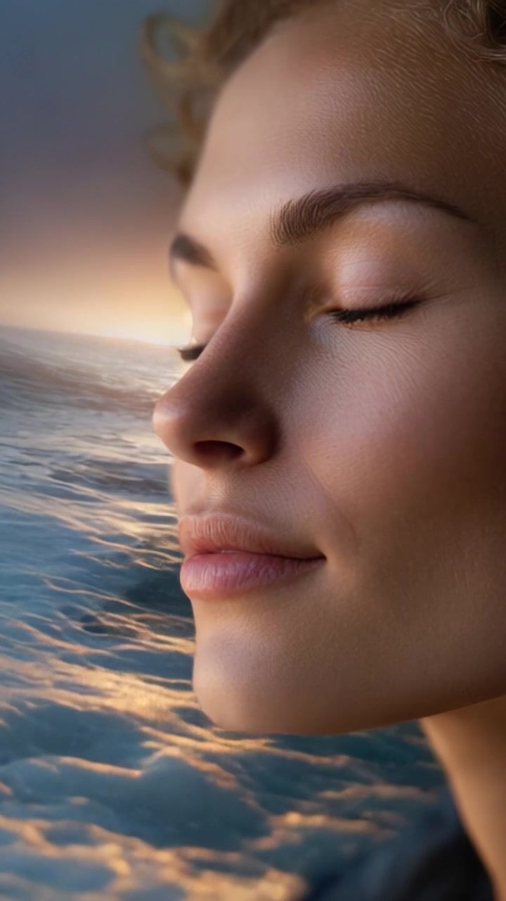 Un sereno momento de tranquilidad junto al mar, con una mujer de ojos cerrados que encarna la paz y la conexión con la naturaleza, con un hermoso telón de fondo de una puesta de sol