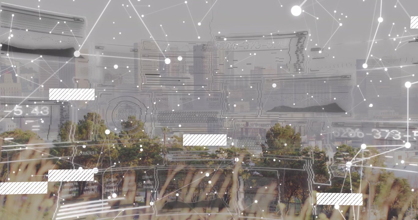 Animation of interface with data processing and plexus networks against aerial view of cityscape