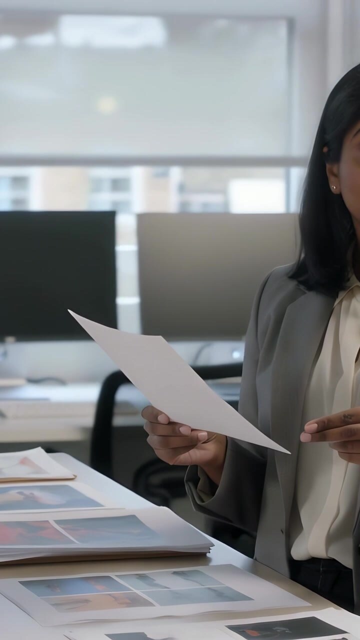 Vertical video: Reviewing woman in grey blazer picking layouts on table for edit choice, copy space