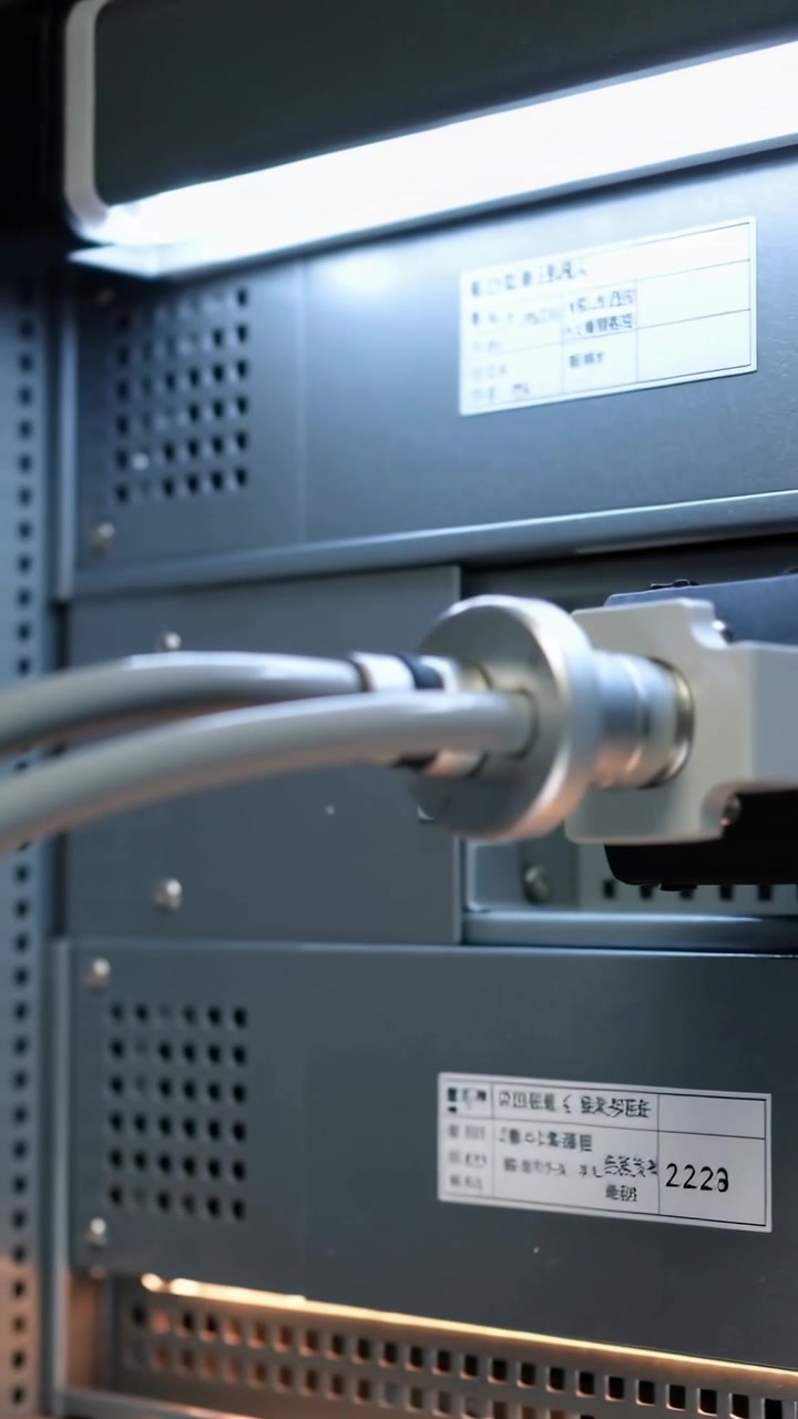 Vertical video: Spinning lead screw, robotic actuator shifting to rack slot, connecting twin cables