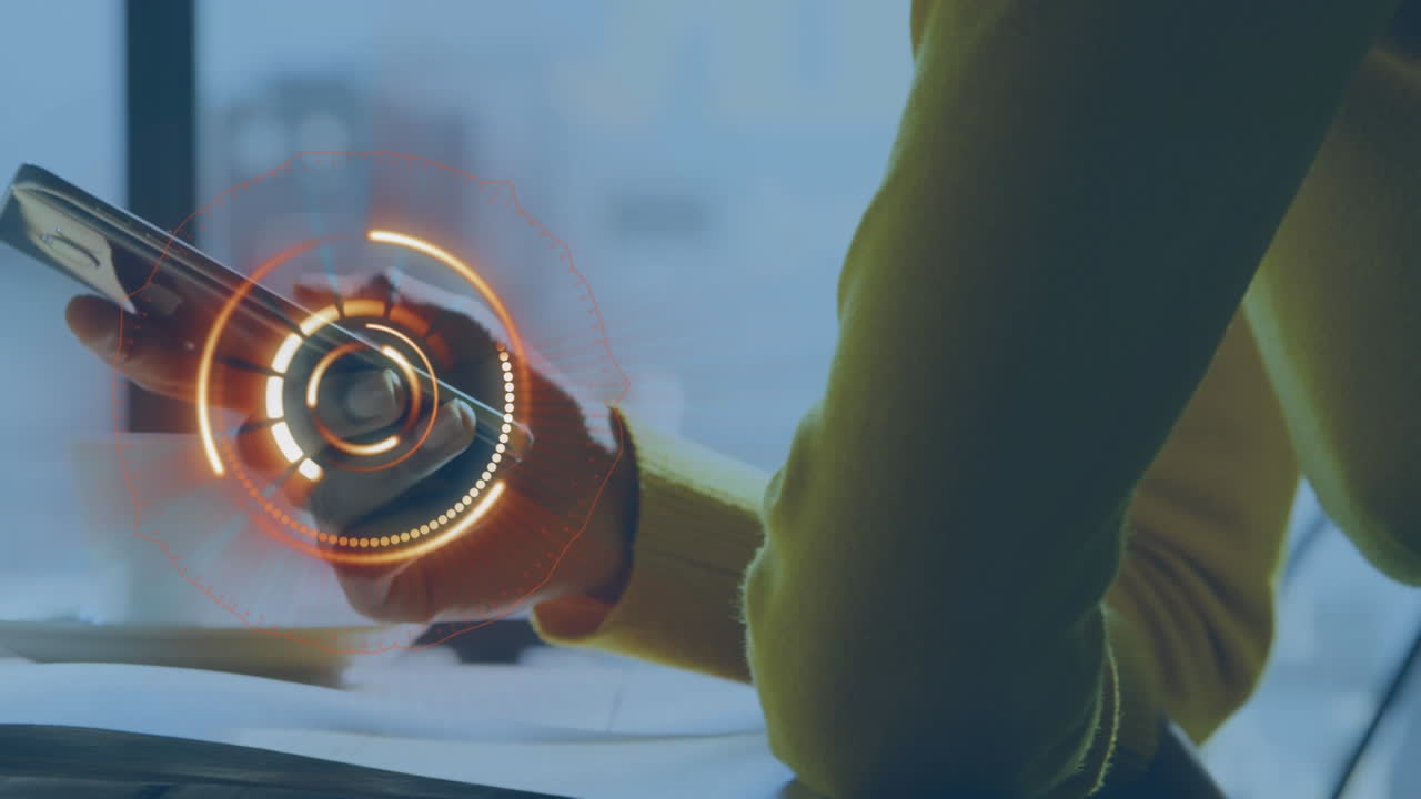 animación de la exploración del alcance sobre la mujer usando un teléfono inteligente