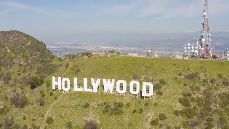 stunning aerial of hollywood sign with snowy mountains in los angeles