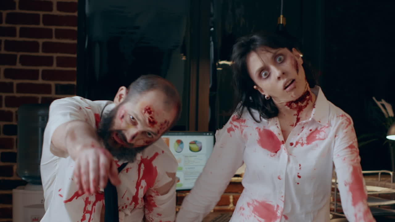 Zombie mangiacervelli dall'aspetto pericoloso che vagano all'interno degli spazi di lavoro negli uffici