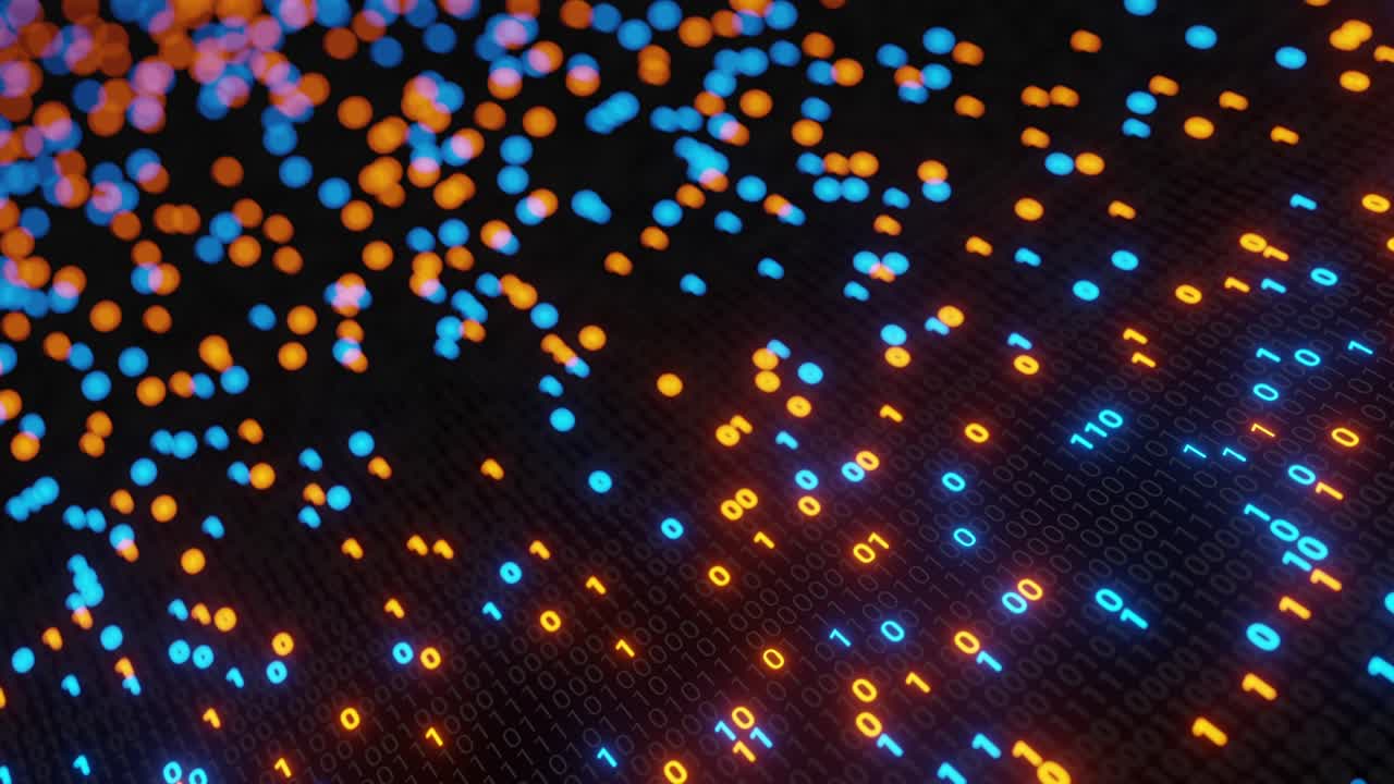 abstract sin costuras azul y naranja código digital binario matriz fondo vj bucle con llamarada.