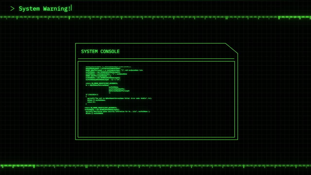 System warning virus sign digital noise glitch effect screen background 4k programmed code with