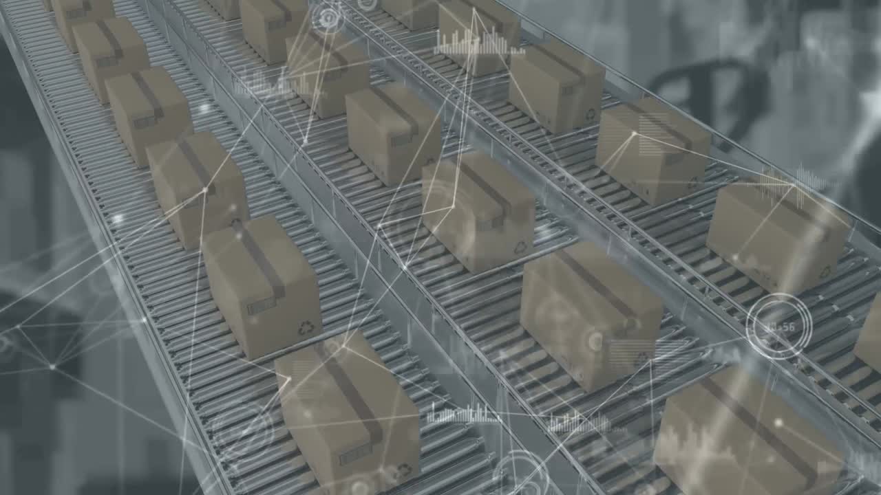 animación de la red de conexiones con estadísticas sobre cajas de cartón en cintas transportadoras