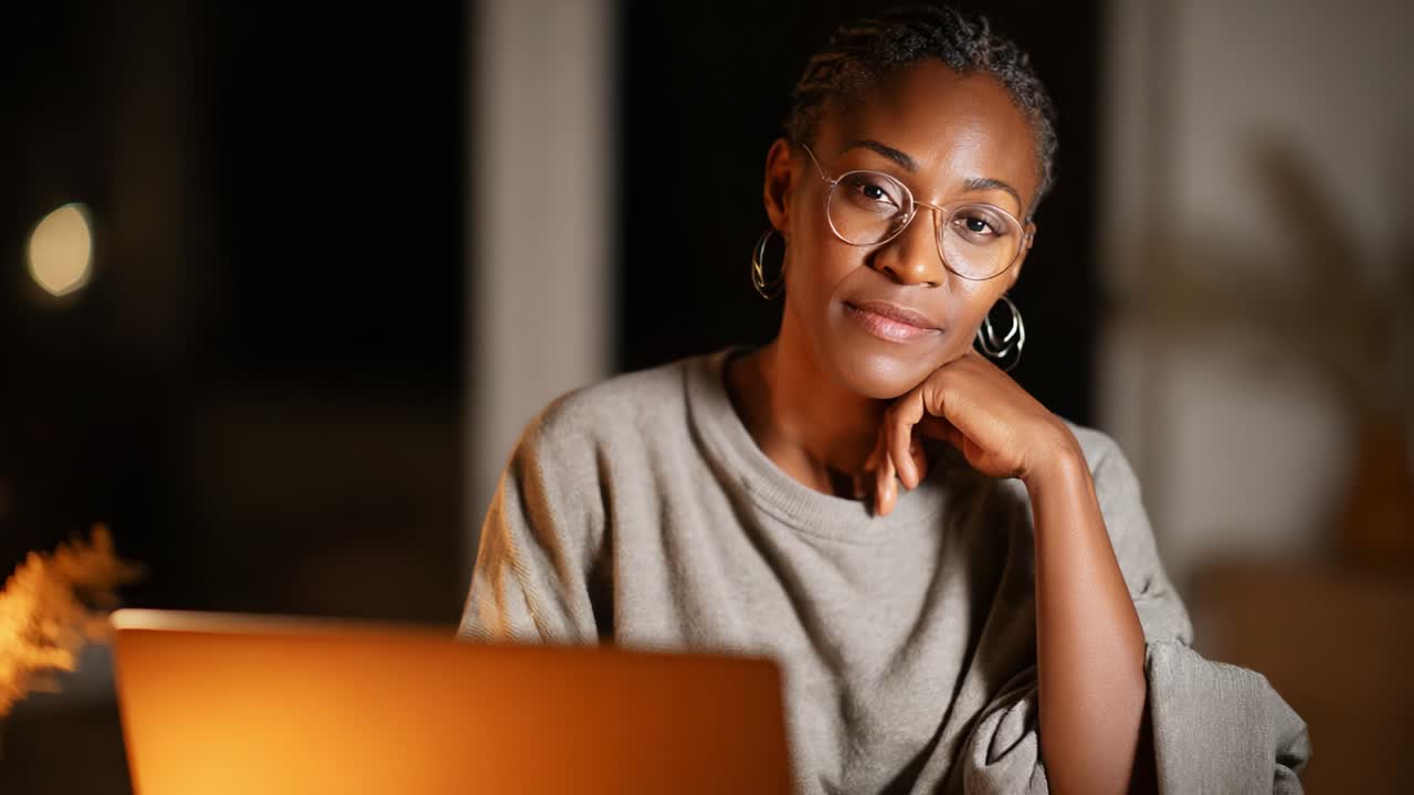 A thoughtful individual reflects while working on a laptop in a cozy evening setting, illuminated by warm ambient light, showcasing a moment of calm during a busy night of productivity and creativity