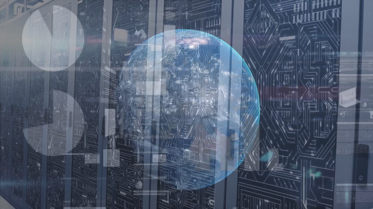 Animation of interface with statistical data processing over globe against computer server room