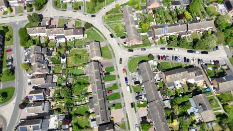 overhead birds eye drone aerial view streets
roads houses and gardens in essex uk
