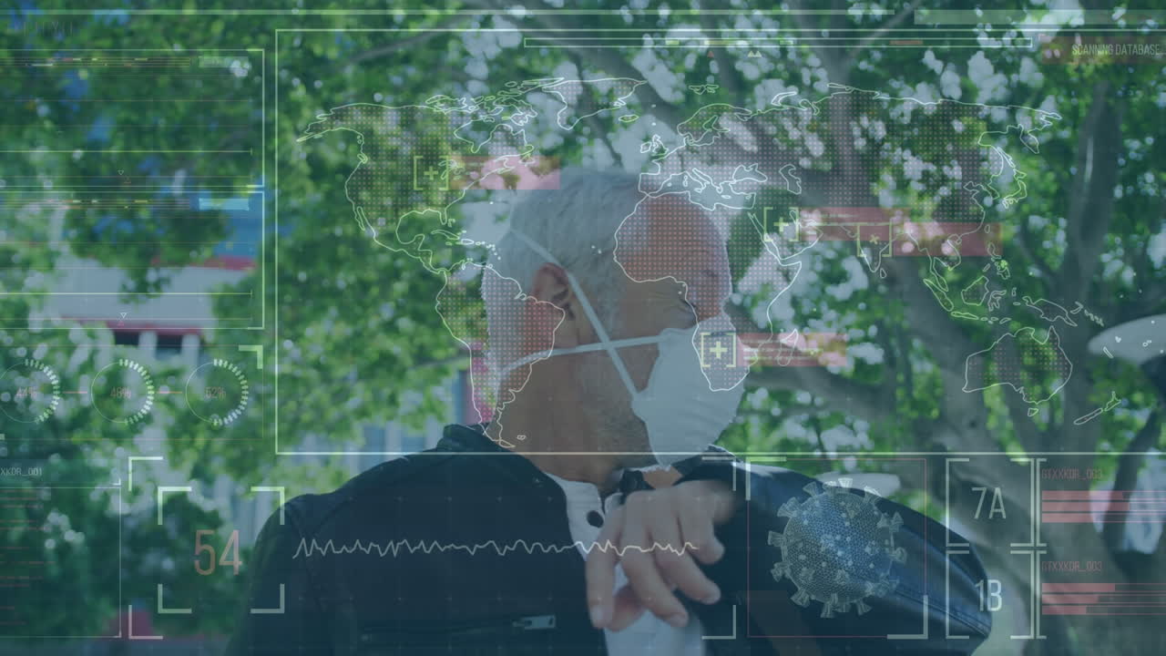 스마트워치를 사용하는 얼굴 마스크를 입은 백인 남성에 대한 의료 데이터 처리 애니메이션