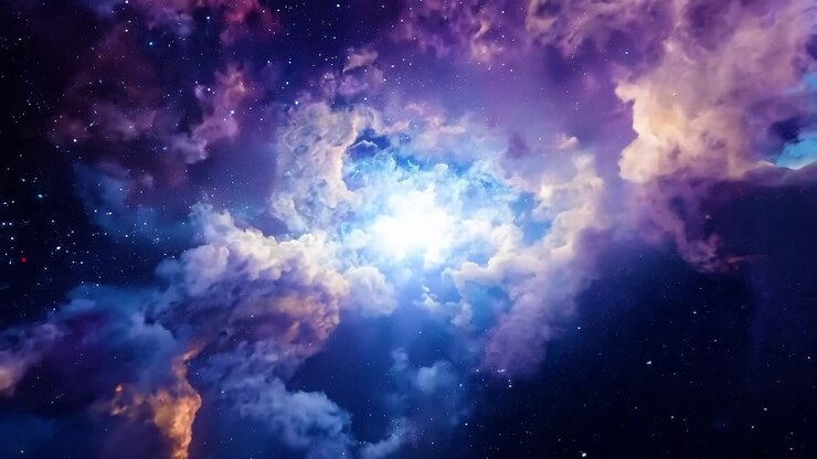 Glowing nebula cloudscape transforms with a bright center, showcasing vibrant colors in the depths of space