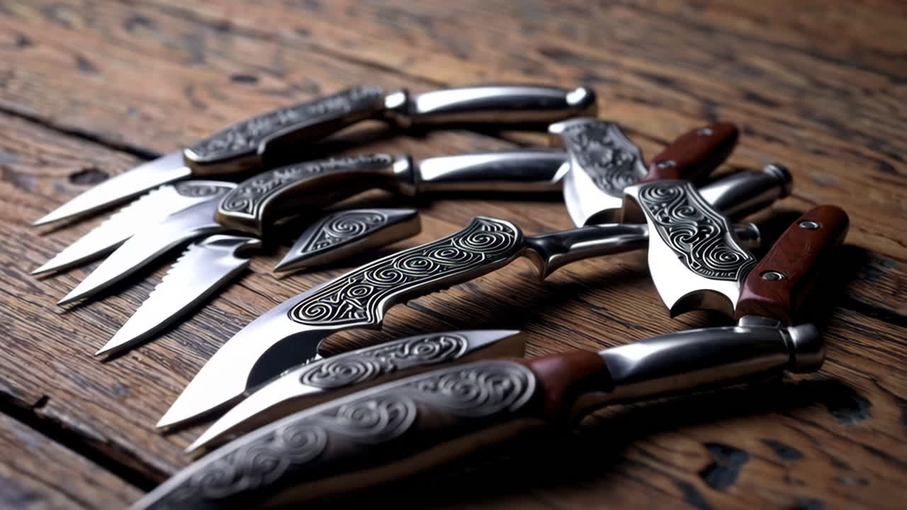 Collection of Decorative Knives on Wooden Table
