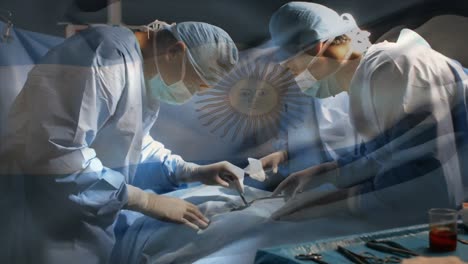 animation of flag of argentina waving over surgeons in operating theatre