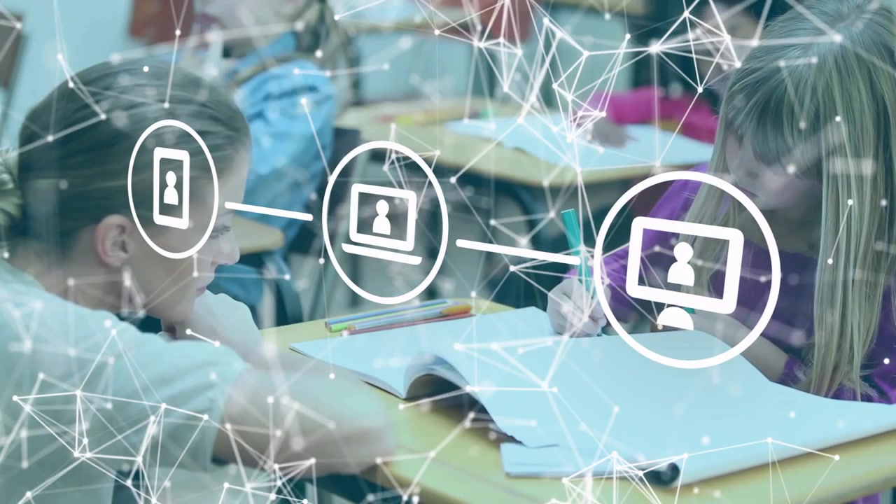 Animation of network with icons over diverse schoolchildren and female teacher