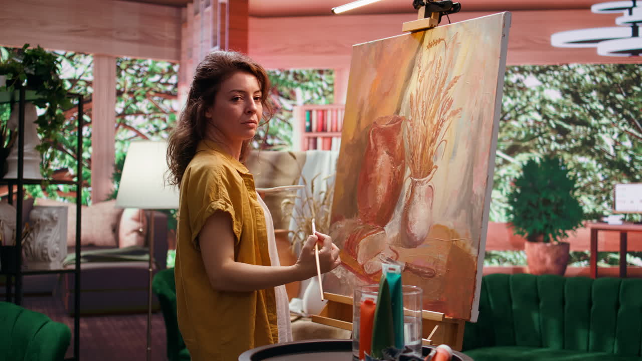 Woman painting a still life in her studio