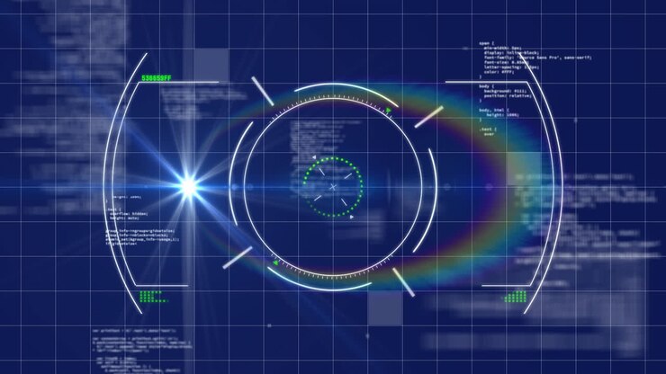 Digital data processing animation with coding and grid over blue background