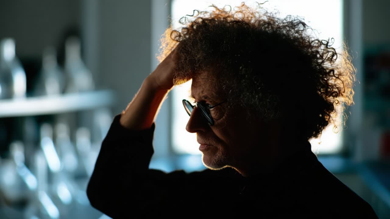 A Thoughtful Man Contemplating Life's Moments in a Softly Lit Room with Artistic Shadows and Curly Hair Highlighted by Natural Light