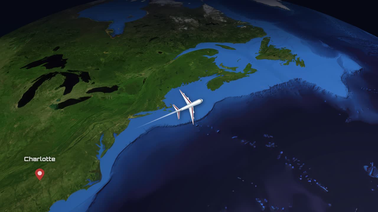 A 3D animation tracks a commercial airplane flying from Charlotte across the Atlantic to Rome