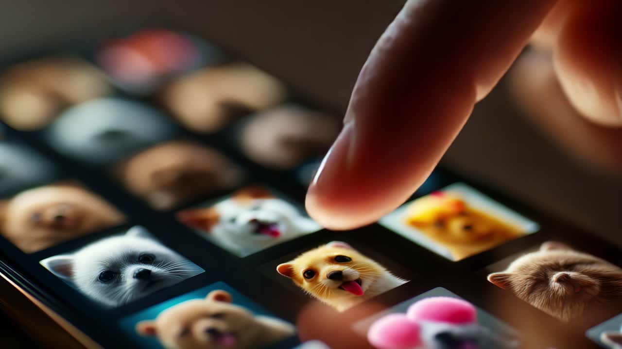 Engaging Interaction with a Colorful Selection of Adorable Pets on a Smartphone Screen, Showcasing Various Dog Breeds and Playful Expressions in a Digital Gallery