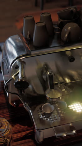 close-up of a gleaming coffee machine with cups stacked on top and a steaming cup ready to be filled