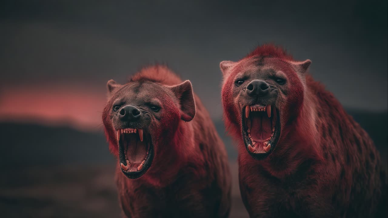 A Dramatic Encounter: Two Hyenas Stand Shoulder to Shoulder in Wildness, Their Fierce Expressions Capturing the Raw Power and Unique Characteristics of These Magnificent Creatures
