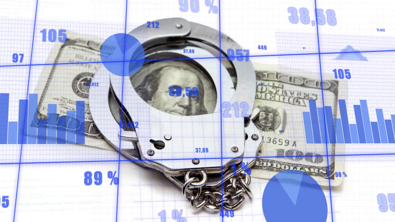 Animation of financial data processing over american dollar bill and handcuffs
