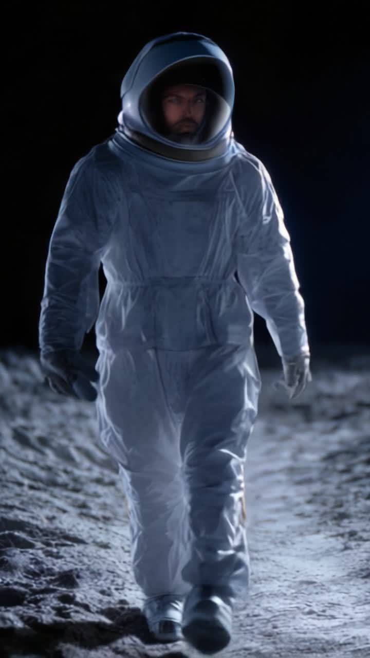 Un astronauta esplora la superficie lunare in una notte stellata, catturando la bellezza e l'isolamento dell'esplorazione spaziale e lo spirito umano di avventura.