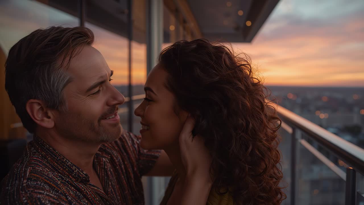 Homem alcançando e prendendo o cabelo, casal inclinado, buscando intimidade no parapeito da sacada sob o céu do pôr do sol