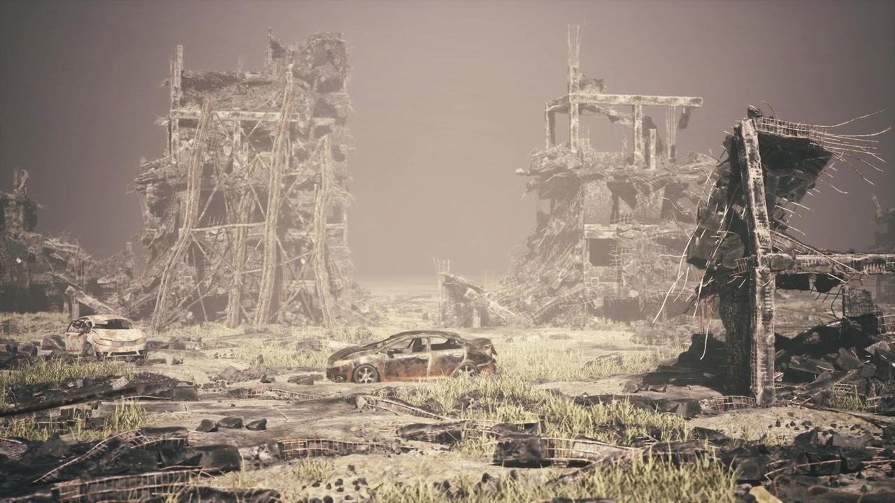 Wide open plain stretching towards ruined skeletal towers in haze