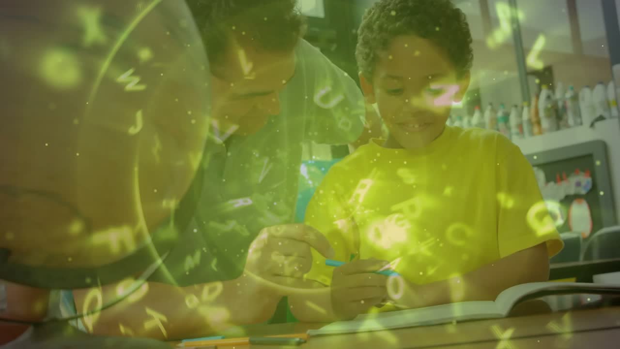 Parent guiding boy tracing letters after opening notebook in education scene with green symbols