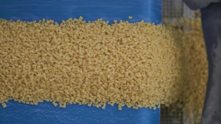 Vista dall'alto di pasta corta che si muove su un nastro trasportatore blu in un impianto alimentare automatizzato