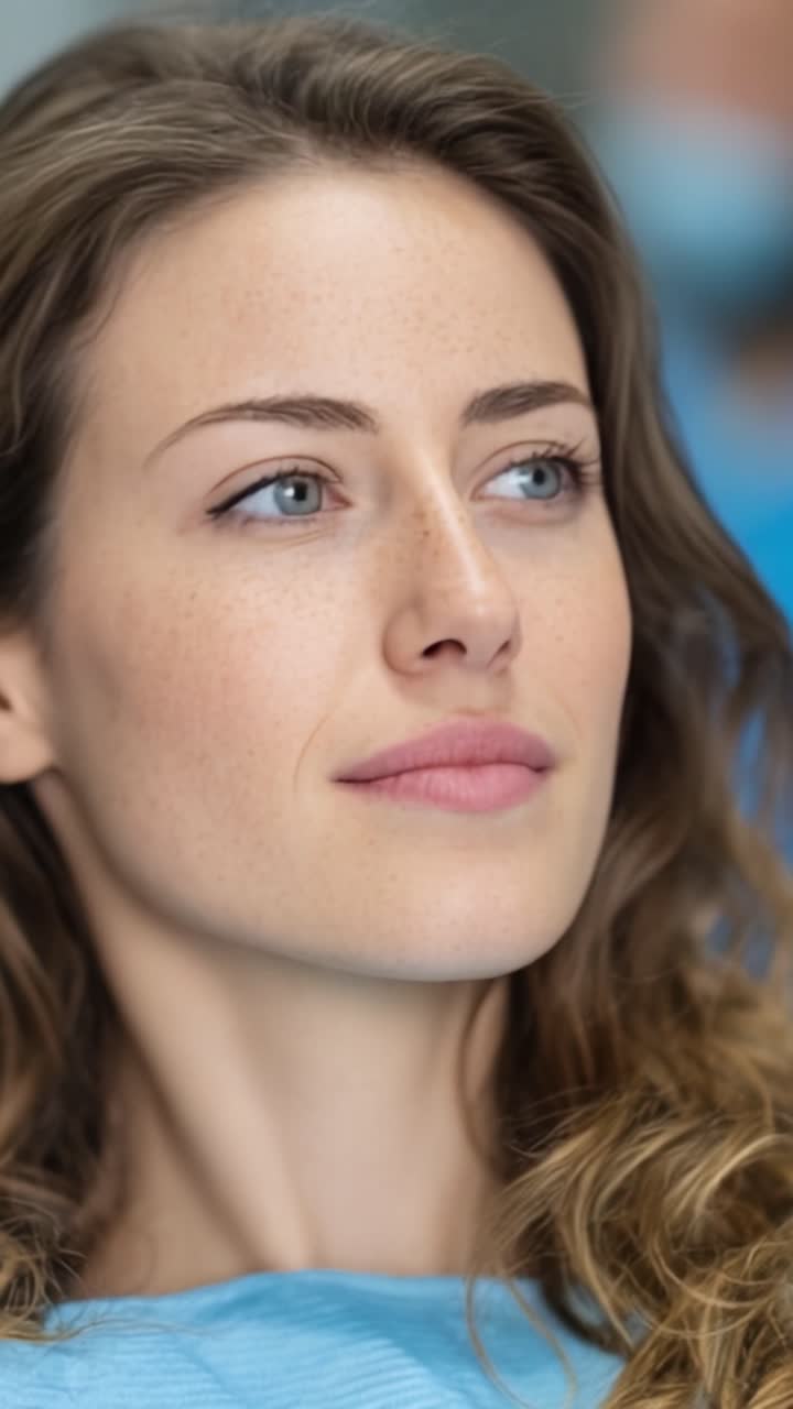 Un primo piano di una giovane donna con bellissimi occhi azzurri e lentiggini, che emana fiducia in un ambiente rilassato, pronta per la sua prossima esperienza.