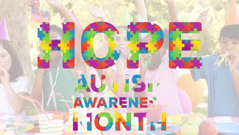 Animation of autism awareness month text over diverse children at party