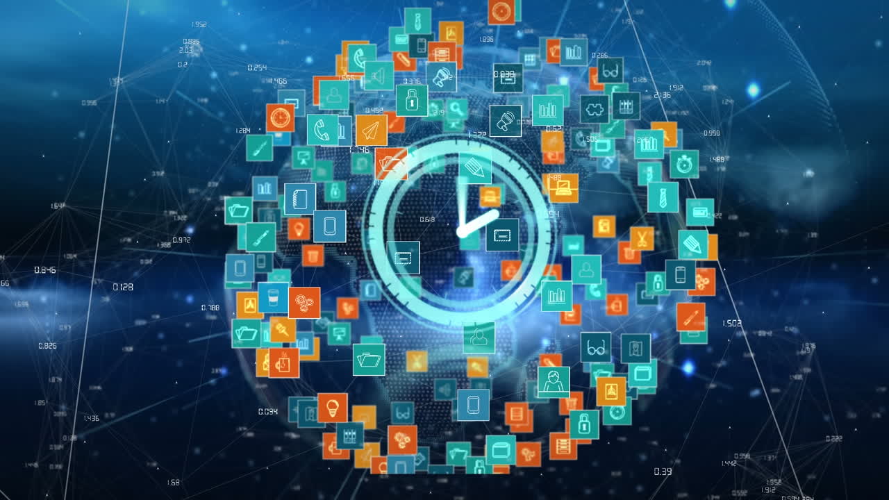 Animation of clock moving over rotating globe made of icons